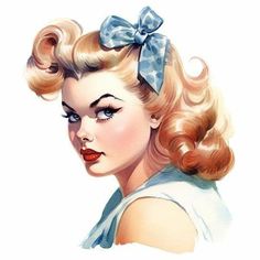 a painting of a woman with blonde hair wearing a blue bow