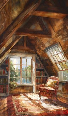 a painting of an attic with a chair and bookshelf