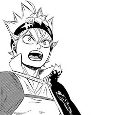 a black and white drawing of an anime character with his mouth open, holding a knife