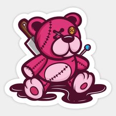 a pink teddy bear with a baseball bat in it's mouth sitting on the ground