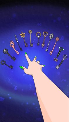 Drawing of the keys from “Locke & Key” made with procreate. There’s a hand and twelve keys.
