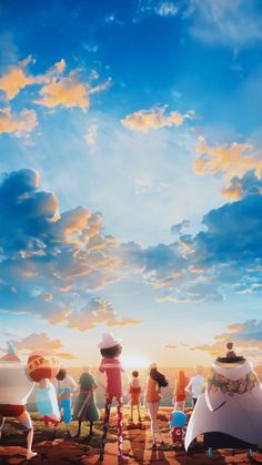 people standing in front of a tent with the sun setting behind them and clouds overhead