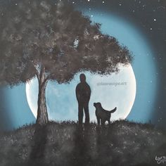 a painting of a man and his dog under a tree with the moon in the background