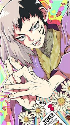 an anime character with long hair and blue eyes holding his hands out in front of him