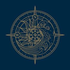 a gold compass on a dark blue background with waves and sun in the center illustration