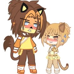 two cartoon characters are standing next to each other, one is wearing a cat costume