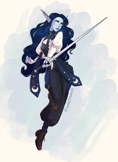 a drawing of a woman with blue hair holding two swords in one hand and wearing black pants