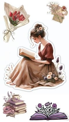 a woman sitting on top of a pile of books next to flowers and an open book