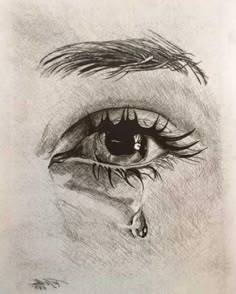 a pencil drawing of an eye with the tear coming out of it's iris