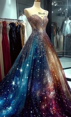 A mesmerizing gown that captures the beauty of the cosmos, shimmering with celestial charm and starry elegance.  If you could wear a gown inspired by any celestial phenomenon, which would you choose – this one,  Solar twilight or Nebula Flame? let me know🫶🏻 Out Of This World Wedding Dresses, Space Wedding Dress, Galaxy Dress Prom, Galaxy Themed Wedding Dress, Galaxy Wedding Dress The Bride, Galaxy Prom Dress, Galaxy Themed Dresses, Galaxy Themed Dress, Galaxy Dress Gowns