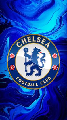the chelsea logo is shown on a blue marble background with swirls and gold accents