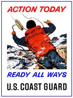 an advertisement for the u s coast guard shows a man in red shirt holding a rope