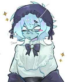 a drawing of an anime character with glasses and a bow tie, sitting on the ground