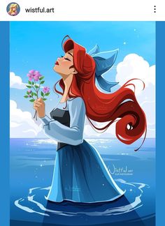 the little mermaid is holding a flower in her hand and looking up at the sky