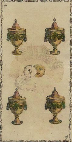 four urns with faces on them and the moon in the middle one is surrounded by other urns