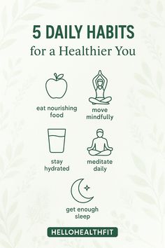 Discover easy and effective wellness habits that can transform your energy, mood, and overall health. From hydration tips to mindfulness practices, these small steps make a big impact. Perfect for anyone looking to live healthier and feel better—starting today. #HelloHealthFit #WellnessTips #HealthyLifestyle #DailyHabits #HolisticHealth #SelfCare #HealthAndWellness #FitnessMotivation #MindBodyBalance #NaturalLiving #HelloHealthFit Healthy Habit Examples, Healthy Daily Habits, Health Habits Daily, Daily Habits To Improve Health, Habits For Healthy Lifestyle, What Are Healthy Habits, Building Healthy Habits Guide, Good Physical Habits, Healthy Habits Graphic