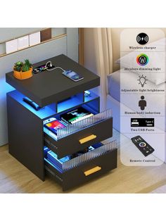 an image of a night stand with drawers and remote controls on it's side