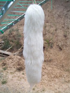a long white furry animal hanging from a metal handrail in dirt area next to stairs