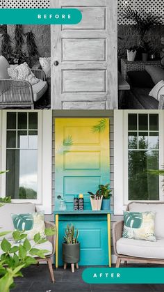 before and after photos of a front porch with painted wood shutters, white wicker chairs, green planter potted on the side