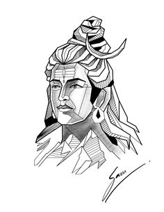 a black and white drawing of a woman's face with feathers on her head