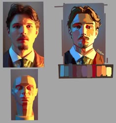 three different images of a man in suit and tie, one with his head tilted to the side