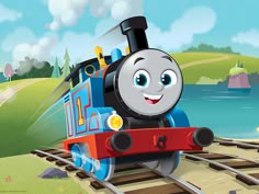 a cartoon train with a smiling face on the tracks
