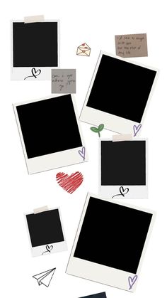 several polaroid frames with hearts and love notes attached to them, all arranged on top of each other