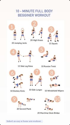 the 10 minute full body beginner workout is shown in this graphic style, with instructions to
