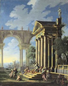 an old painting with people and animals in it