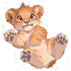 a drawing of a baby lion cub sitting on its hind legs with paws spread out