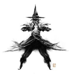 a black and white drawing of a wizard