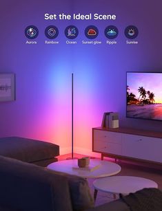a living room with purple lighting and a flat screen tv on the wall above it