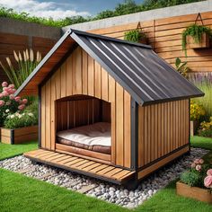 a dog house made out of wood with a bed in the middle and flowers around it