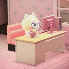 an animal crossing character sitting at a desk with a coffee cup in front of him