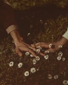 two hands touching each other with daisies on the ground in front of their fingers