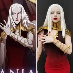 a woman with white hair and red lipstick in front of a black background wearing a costume