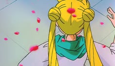 an anime character with long blonde hair and pink eyes