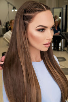 Cute Braid Style, Braid Ideas 2025, Long Hairstyles With Braids, Hairstyles 2025 Trends Long Hair, Straight Hair With Braids On Side, Hair Styles 2025 Women, Hair Braiding Styles, Trendy Hairstyles 2025, Side Braid Straight Hair