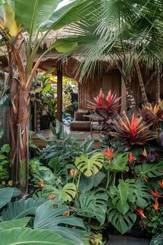 a tropical garden with lots of plants and trees
