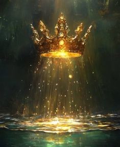 a golden crown floating on top of the ocean with light coming from it's sides