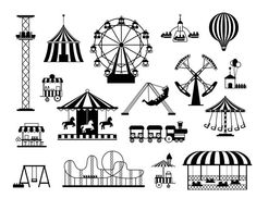 an amusement park with rides, carousels and ferris wheel silhouettes on a white background
