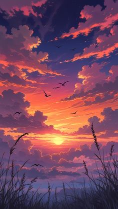 birds flying in the sky at sunset with clouds and grass on the ground below them