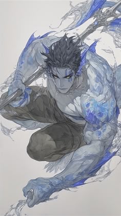 Male Triton Art, Fish Man Drawing, Dragon Characters, Monster Men Art, Dragon Oc Male, Sea Person Character Design, Shark Man Oc, Water Warrior Drawing, Water Monster Art