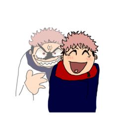 two anime characters one with pink hair and the other with blue eyes, both smiling