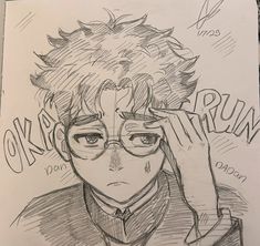 a drawing of a man with glasses holding his head