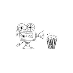 a drawing of a movie projector and a cupcake