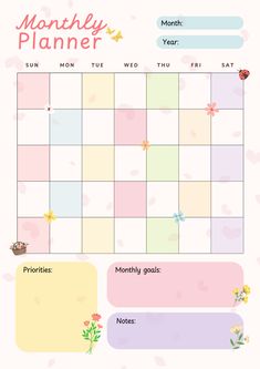 a printable planner with flowers and ladybugs on the side, in pastel colors