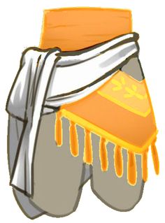 an orange and white scarf hanging from the back of a gray bag with yellow drips on it