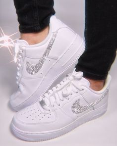 White Rhinestone Sneakers For Streetwear, Bedazzled White Sneakers, Sparkly Af1, White Custom Rhinestone Sneakers For Streetwear, Air Force 1 Blinged Out, Trendy White Sneakers With Rhinestones, White Custom Sneakers With Rhinestones For Streetwear, Sparkly Air Force 1, Air Force 1 Sparkle