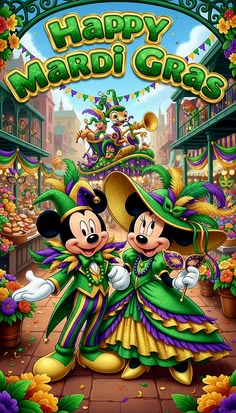 two mickey and minnie mouses are dressed in costumes for mardi gras at disneyland world